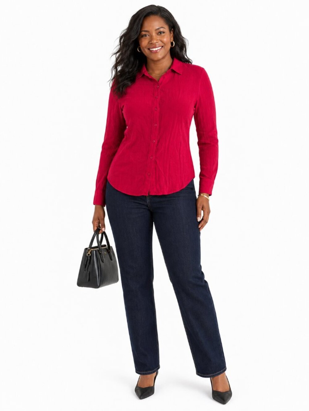 The Shirt Rochelle Behrens Red Long Sleeve Button Down Blouse Size L Career Top